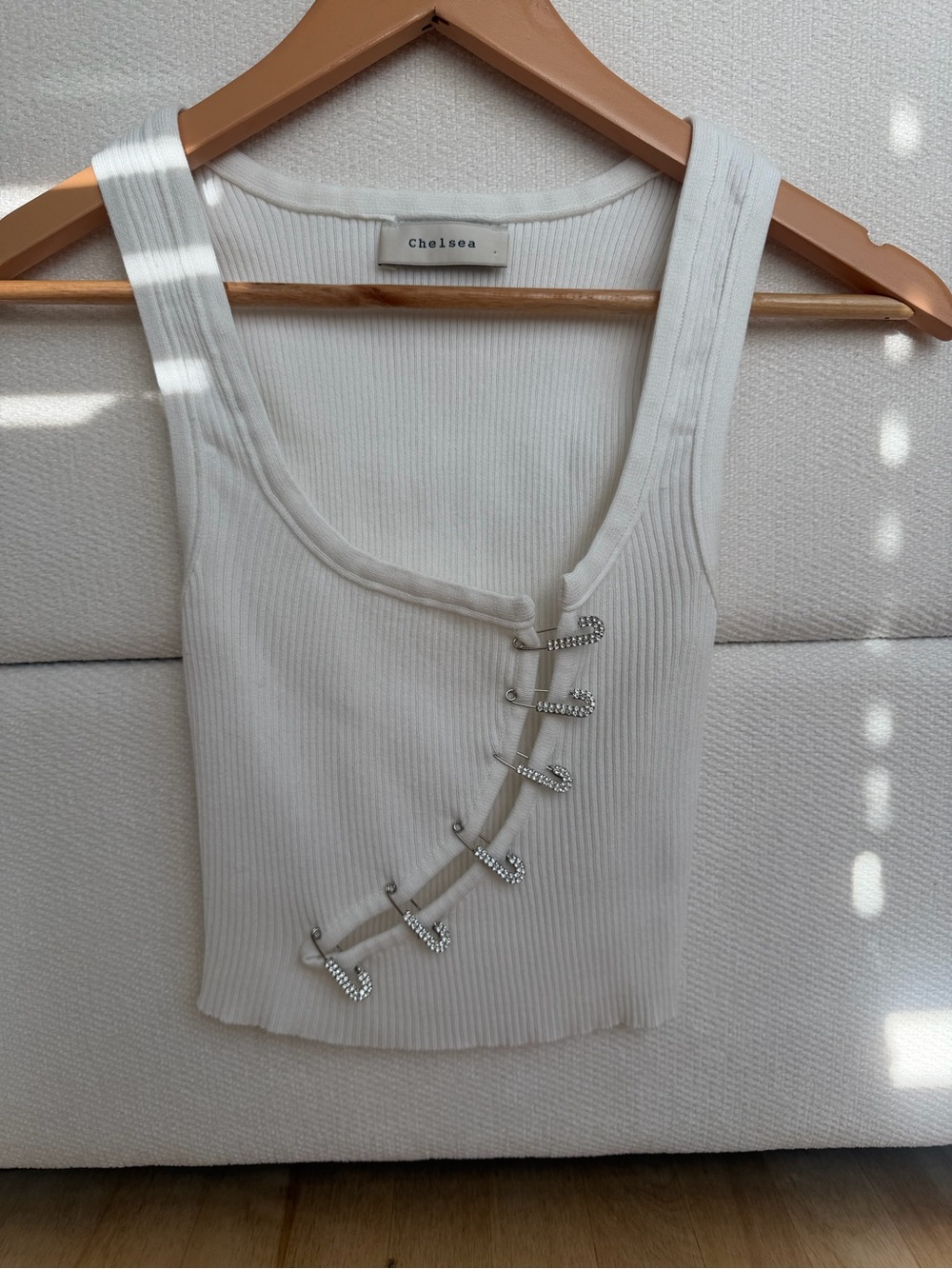 White Ribbed Tank with Rhinestone Safety Pin Detail